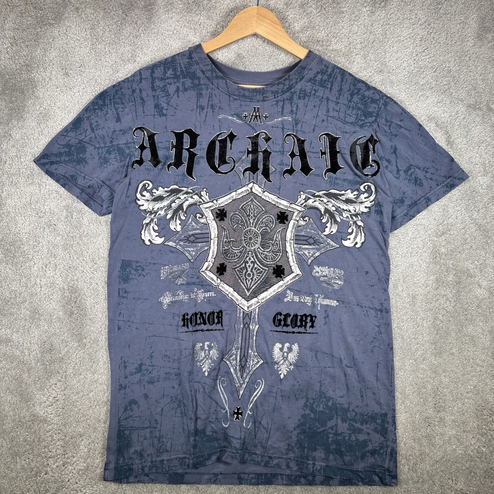 Archaic Affliction T Shirt Men M Gray Graphic Short Sleeve Cross Goth Grunge Y2K
